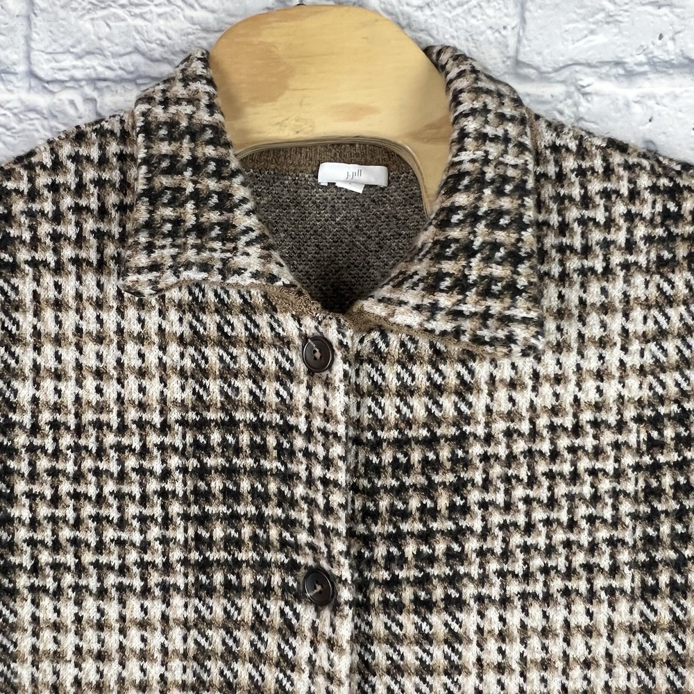 J. Jill Women‎ Cardigan Jacket Sweater Brown Herringbone Button Wool Blend Large